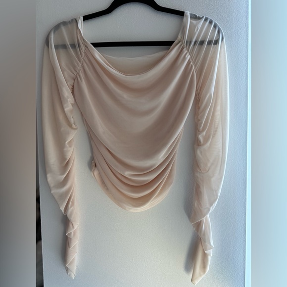 Cream Ruched Sheer Off-The-Shoulder Top - Picture 2 of 2